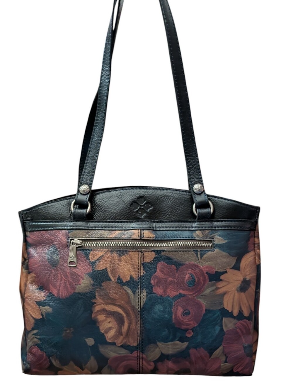 Patricia Nash Poppy Tote Floral Leather Tote Bag in Black and Burgundy
